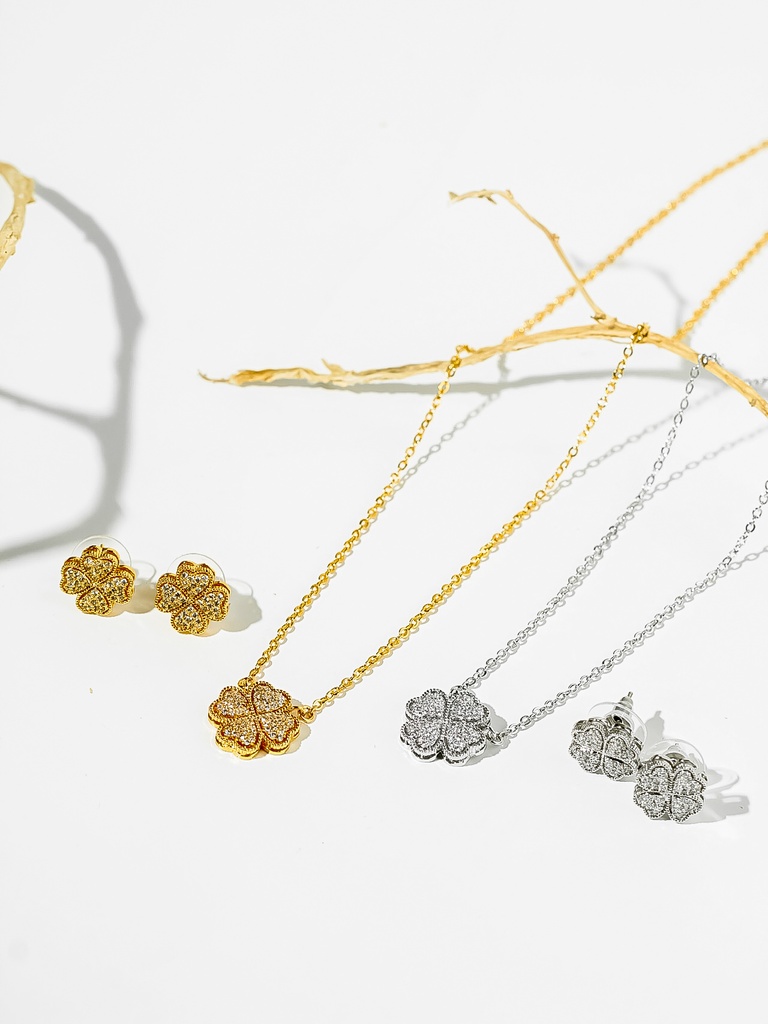 [JYS0270] 4hearts with stones necklace set  (gold)