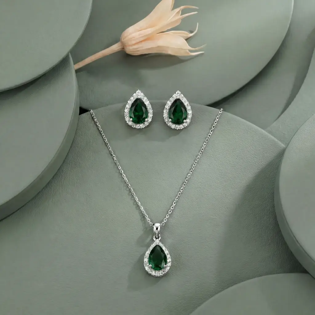 [E14071203-GR] Diamond drop necklace set (green)