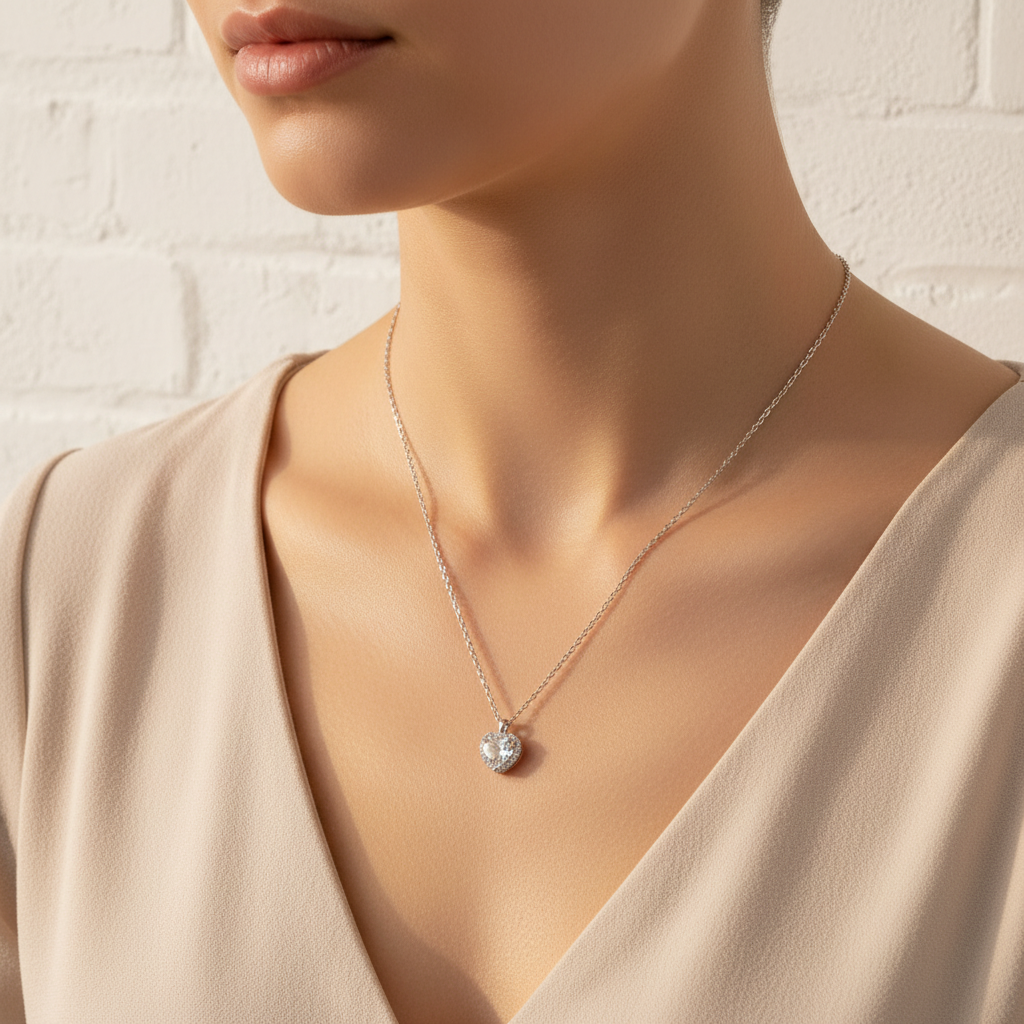 [21267-P-W] heart shape elegant  silver 925 necklace (white)