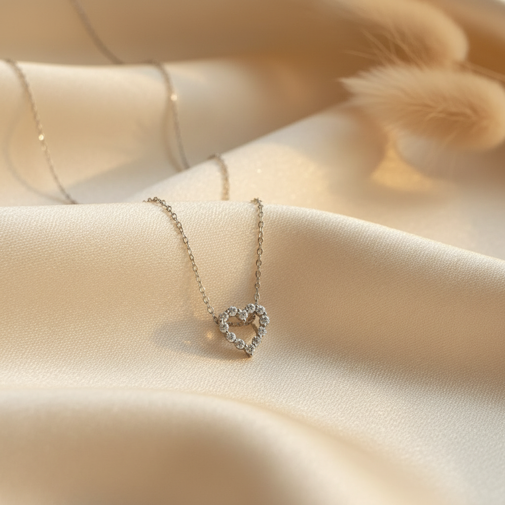 [F2407] Small stones heart shaped silver 925 necklace 