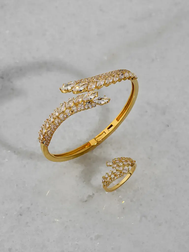 Leaves line bangle with ring  (gold)
