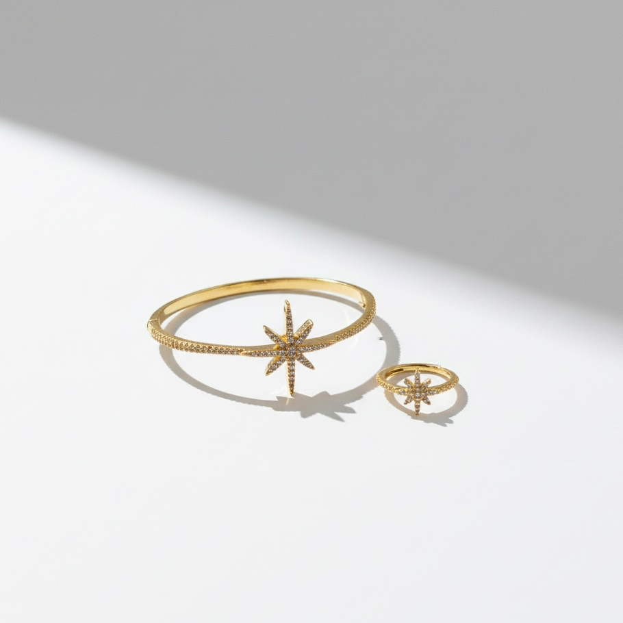Shiny star bangle with ring  (gold)