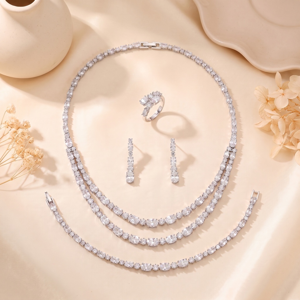 [CN6137-W] 2 layers oval star zircon set  (white)