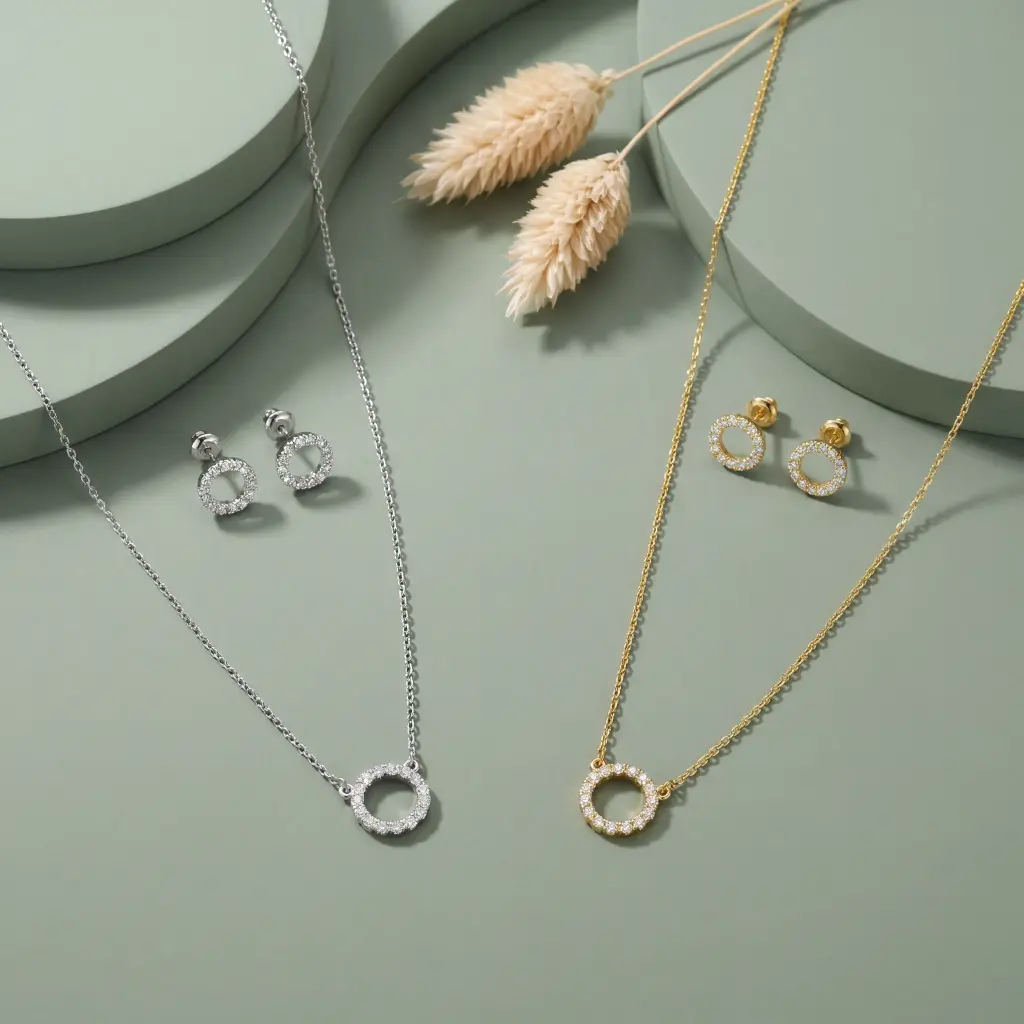 [E24110118-18K-G] Open stone circle necklace set (gold)
