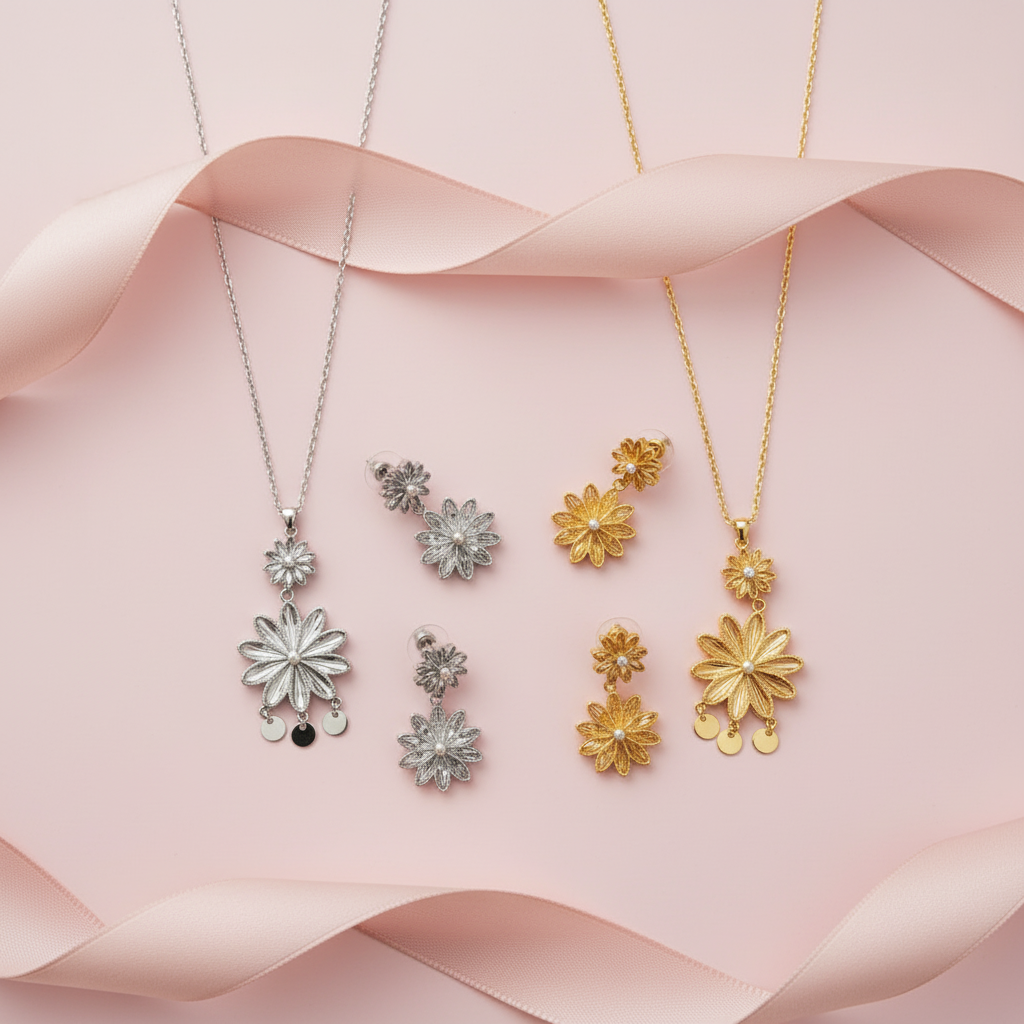 [JYS1166-G] 2 flower long necklace set (gold)