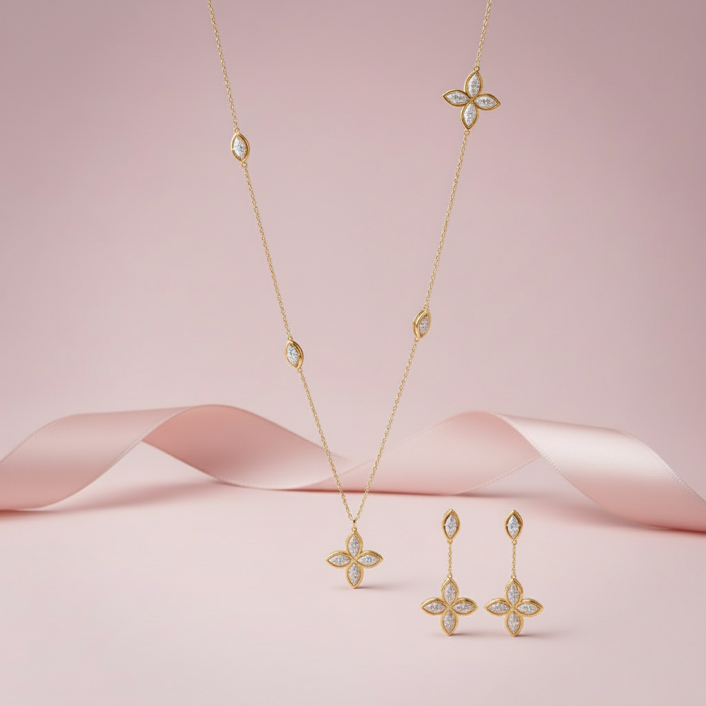 [JYS0384-G] Eye shape ro With stones long necklace set (gold)