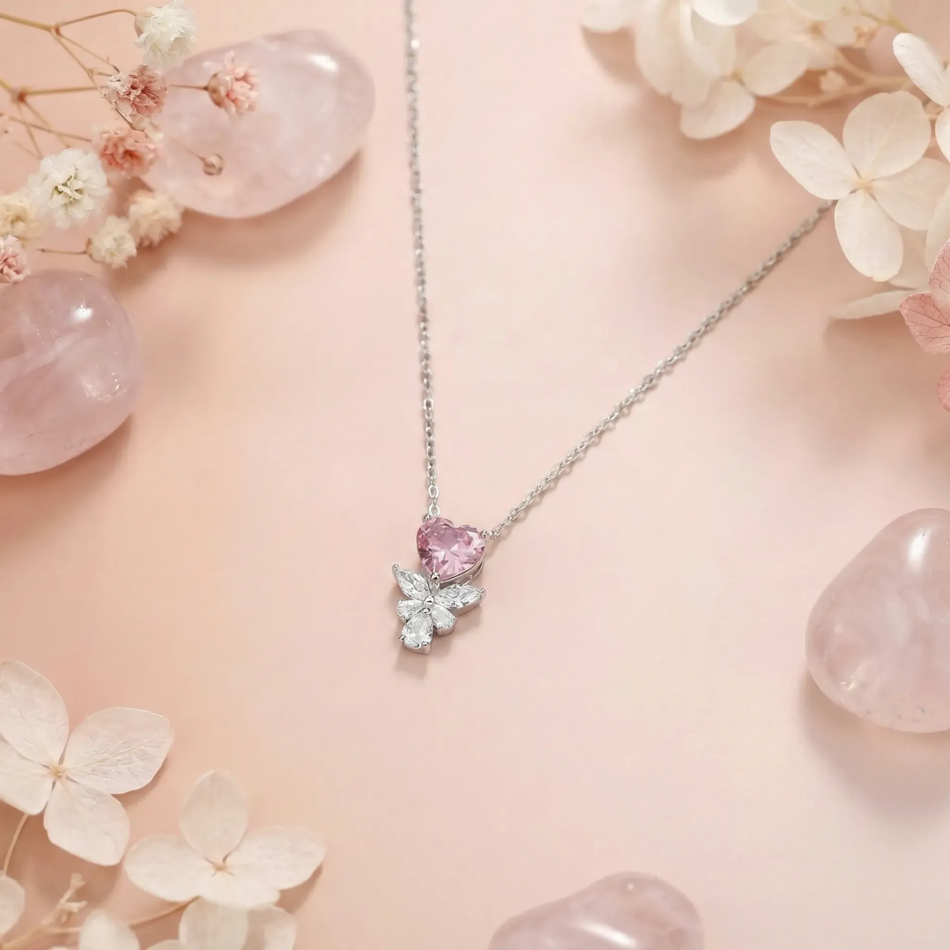 pink heart with leaves silver925 necklace