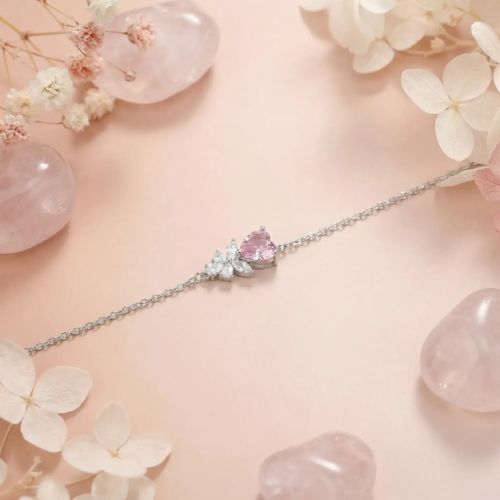 pink heart with leaves silver925 bracelet