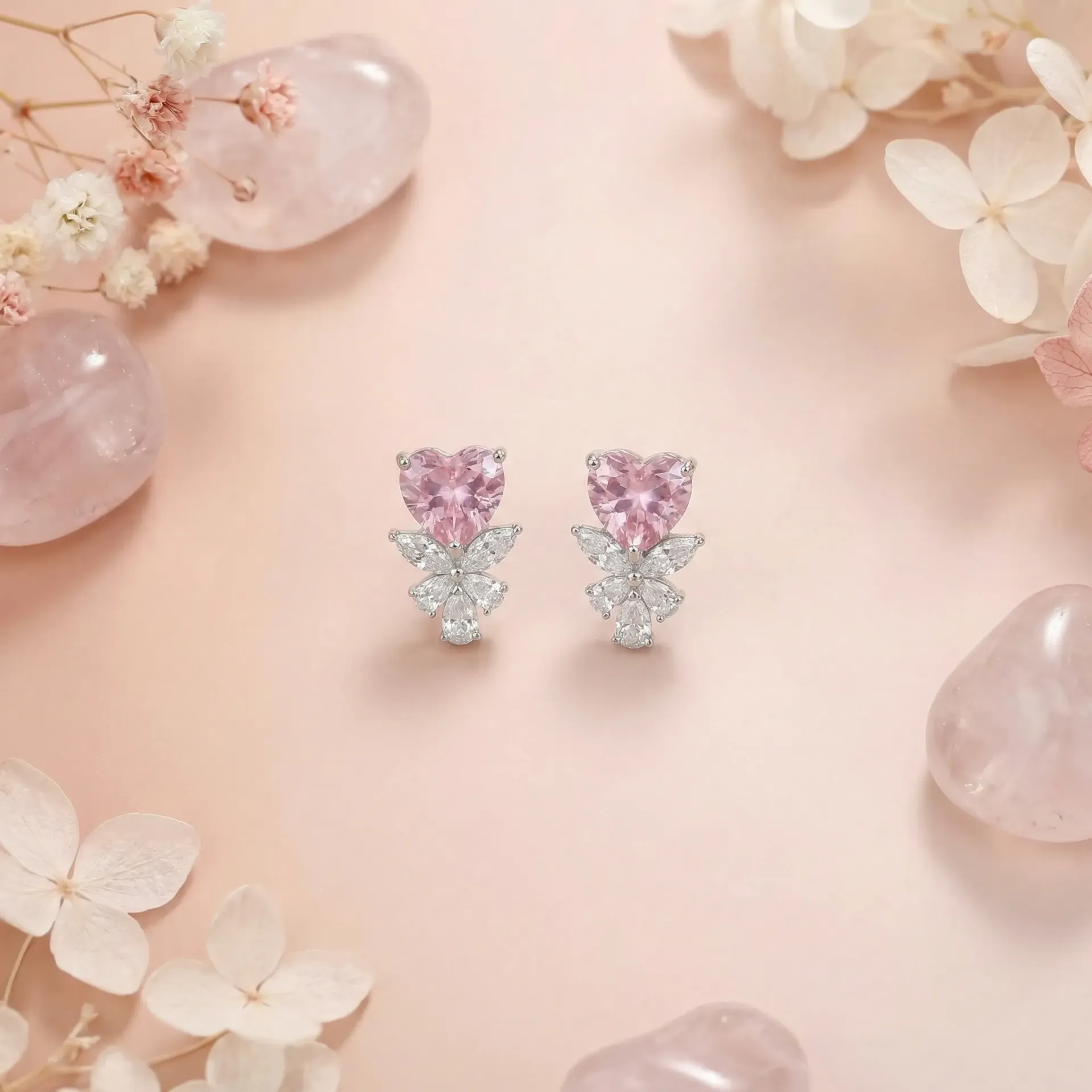 pink heart with leaves silver925 earring