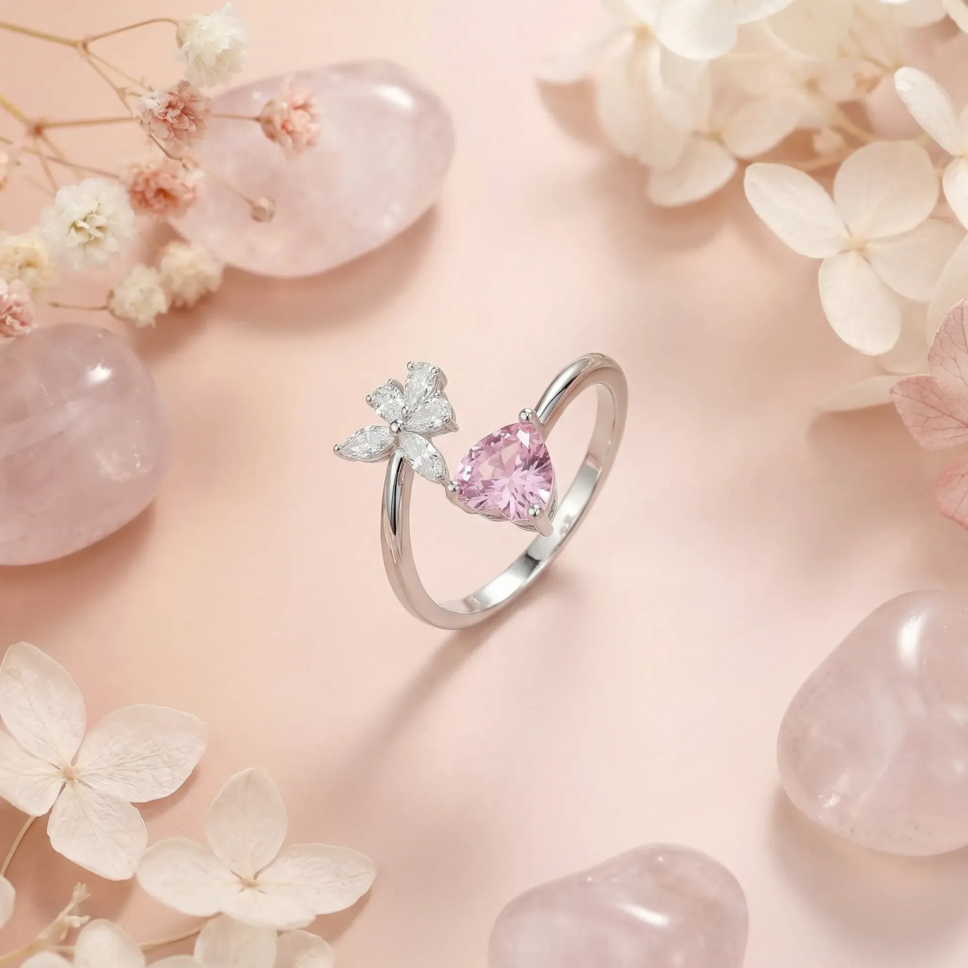 pink heart with leaves silver925 ring