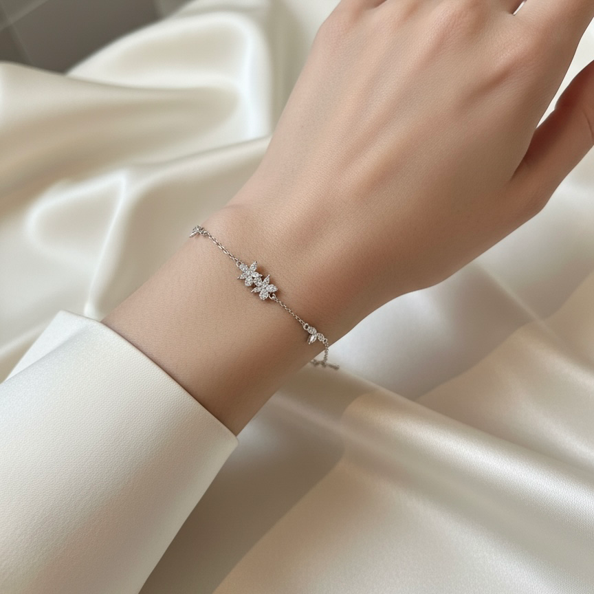 [03BL1S000355] 2flower with leaves silver925 bracelet