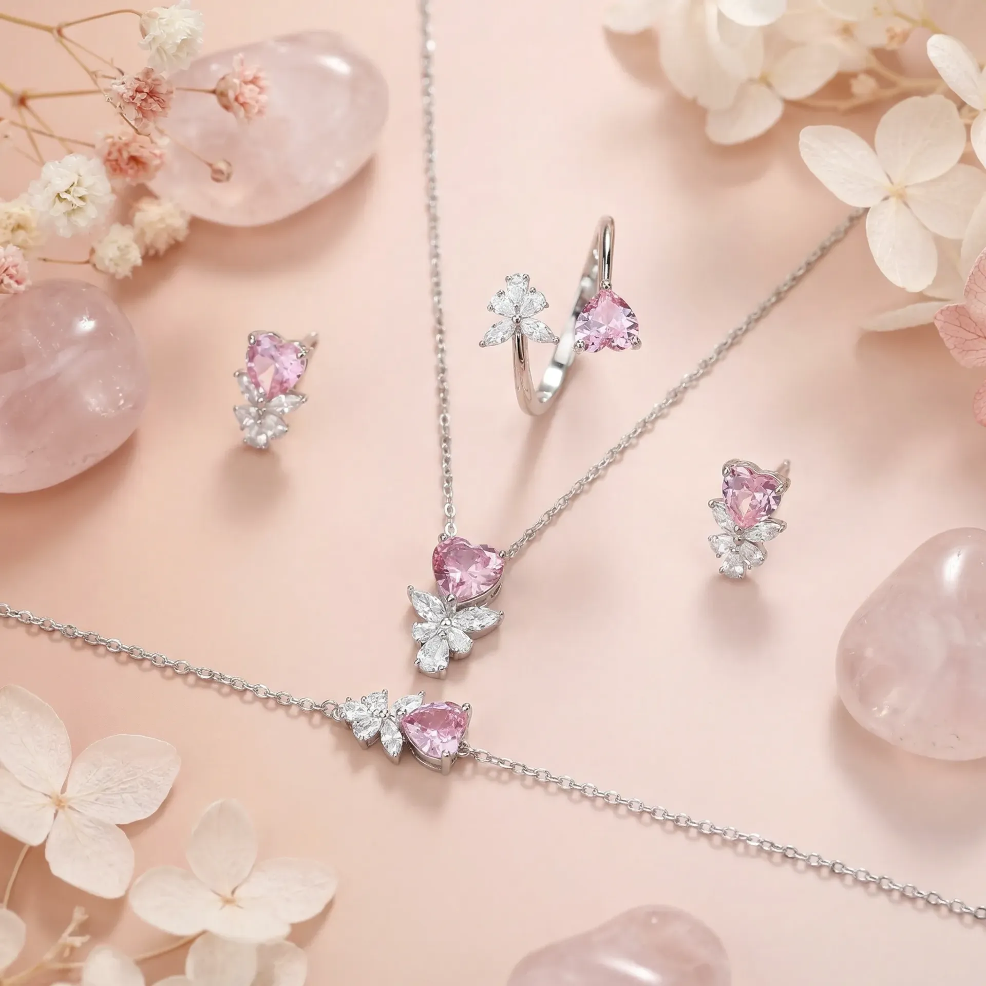 pink heart with leaves silver925 set