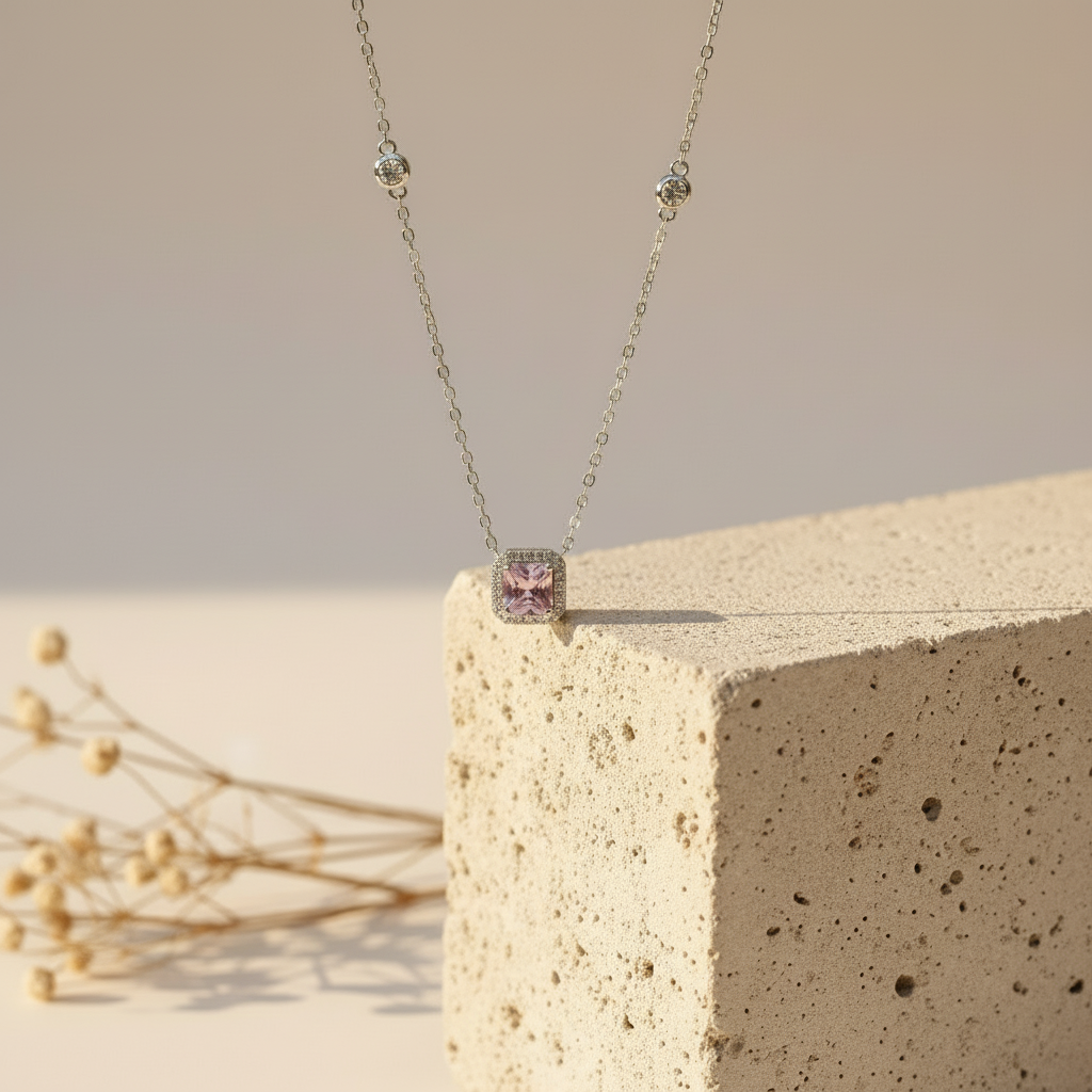 [B21484-P] pink square silver925 necklace