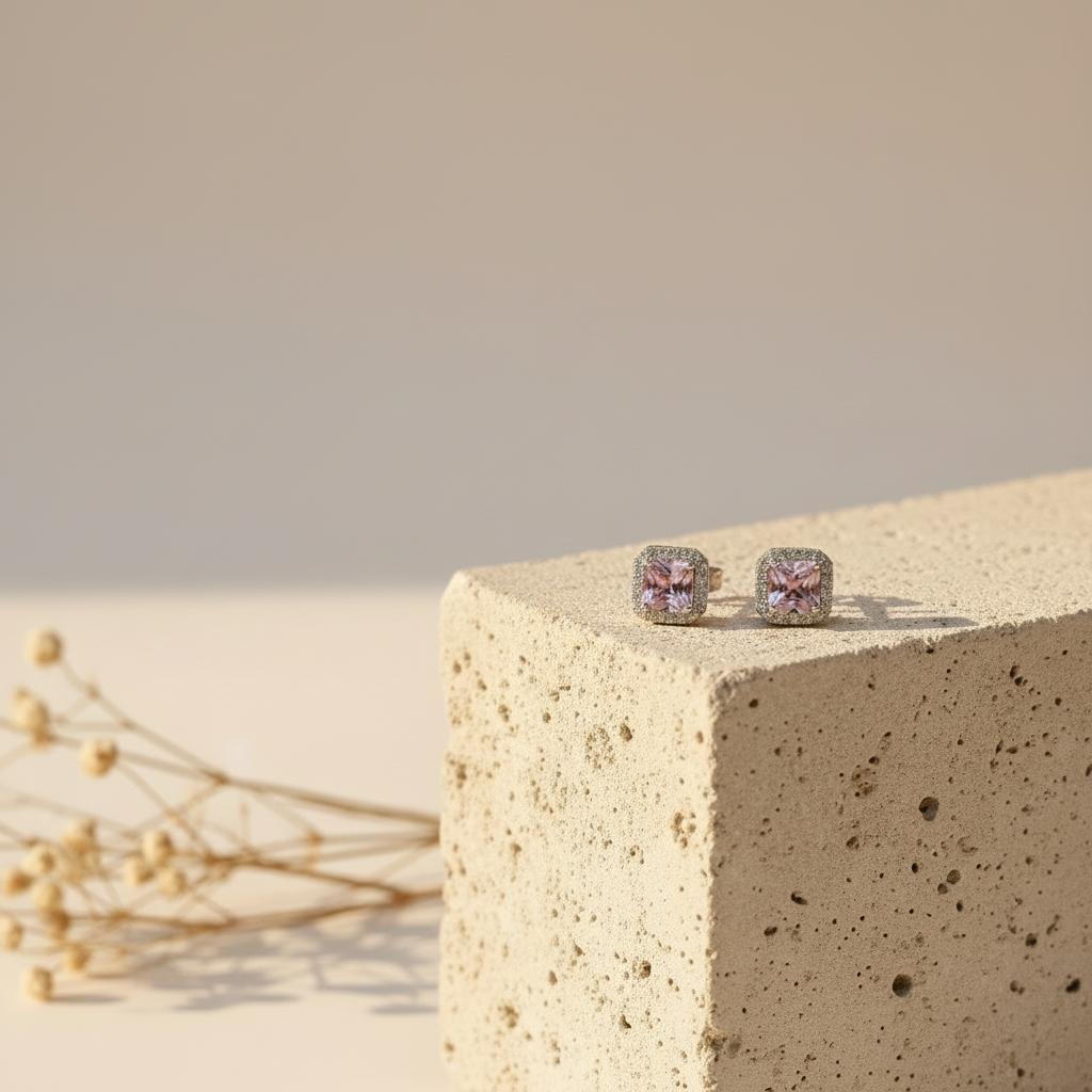 pink square silver925 earring
