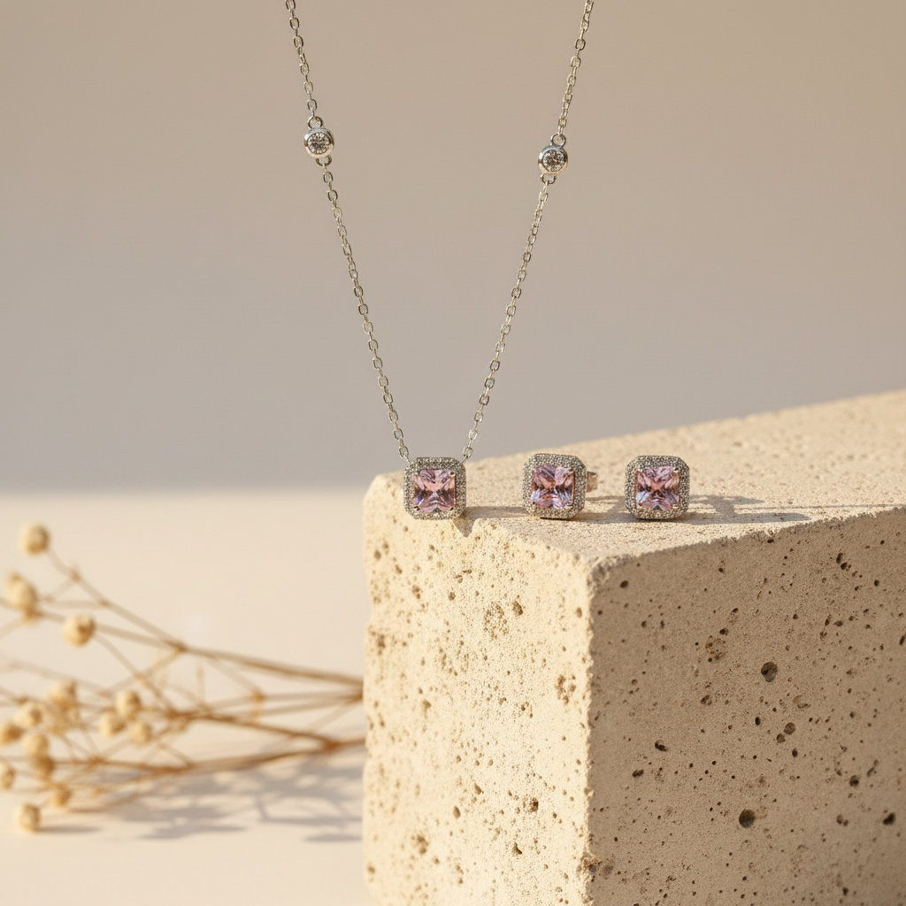 pink square silver925 SET