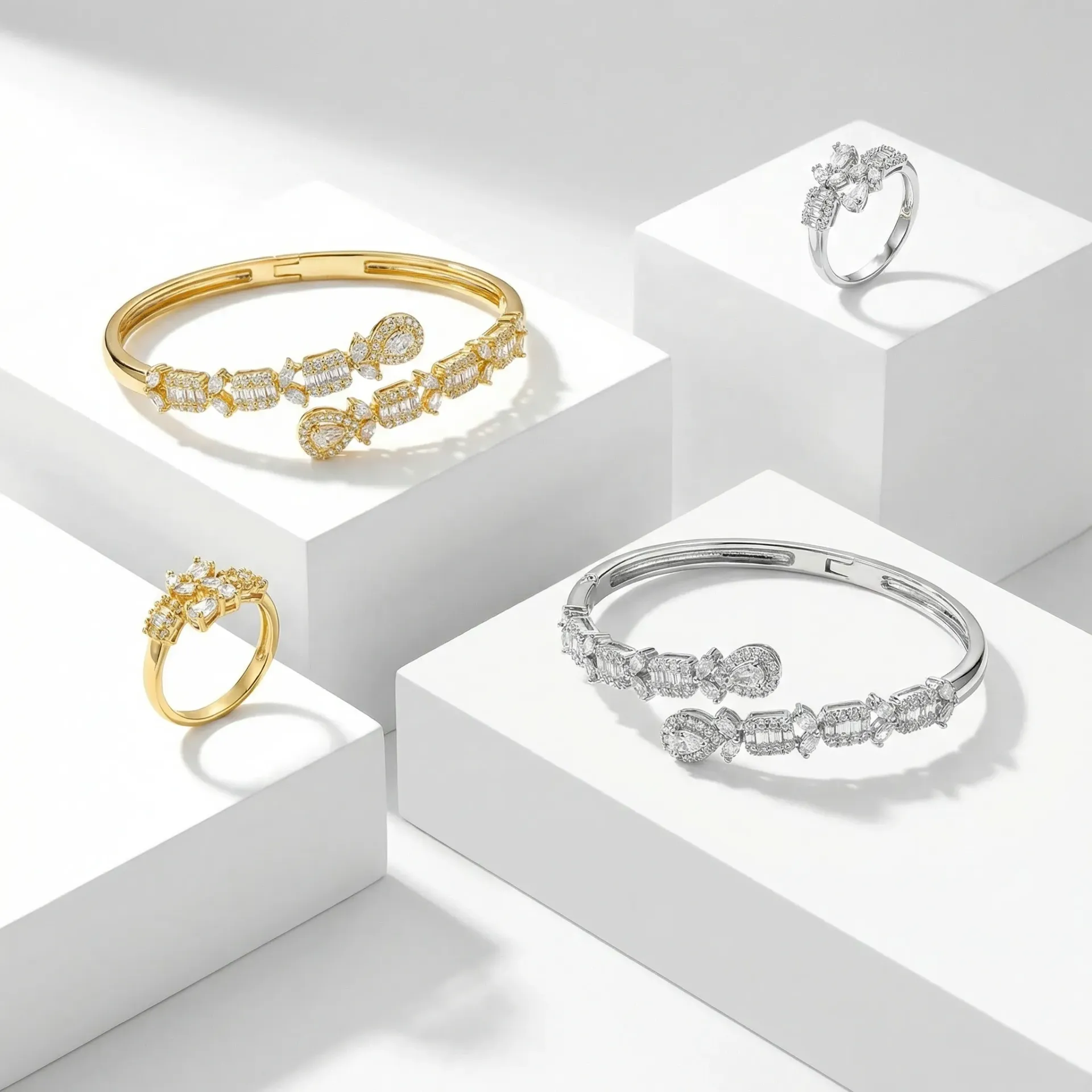 rectangular drop smooth bangle with ring  (gold)