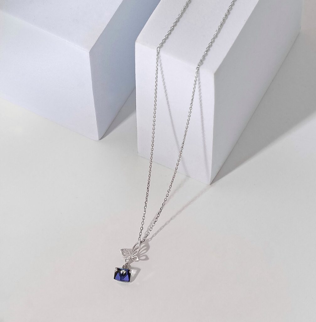 [F2454] Silver 925 butterfly necklace with blue stone