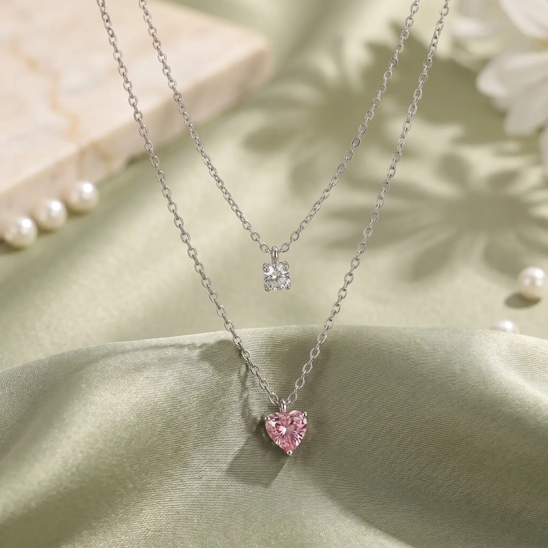 2 layers pink heart silver925 necklace