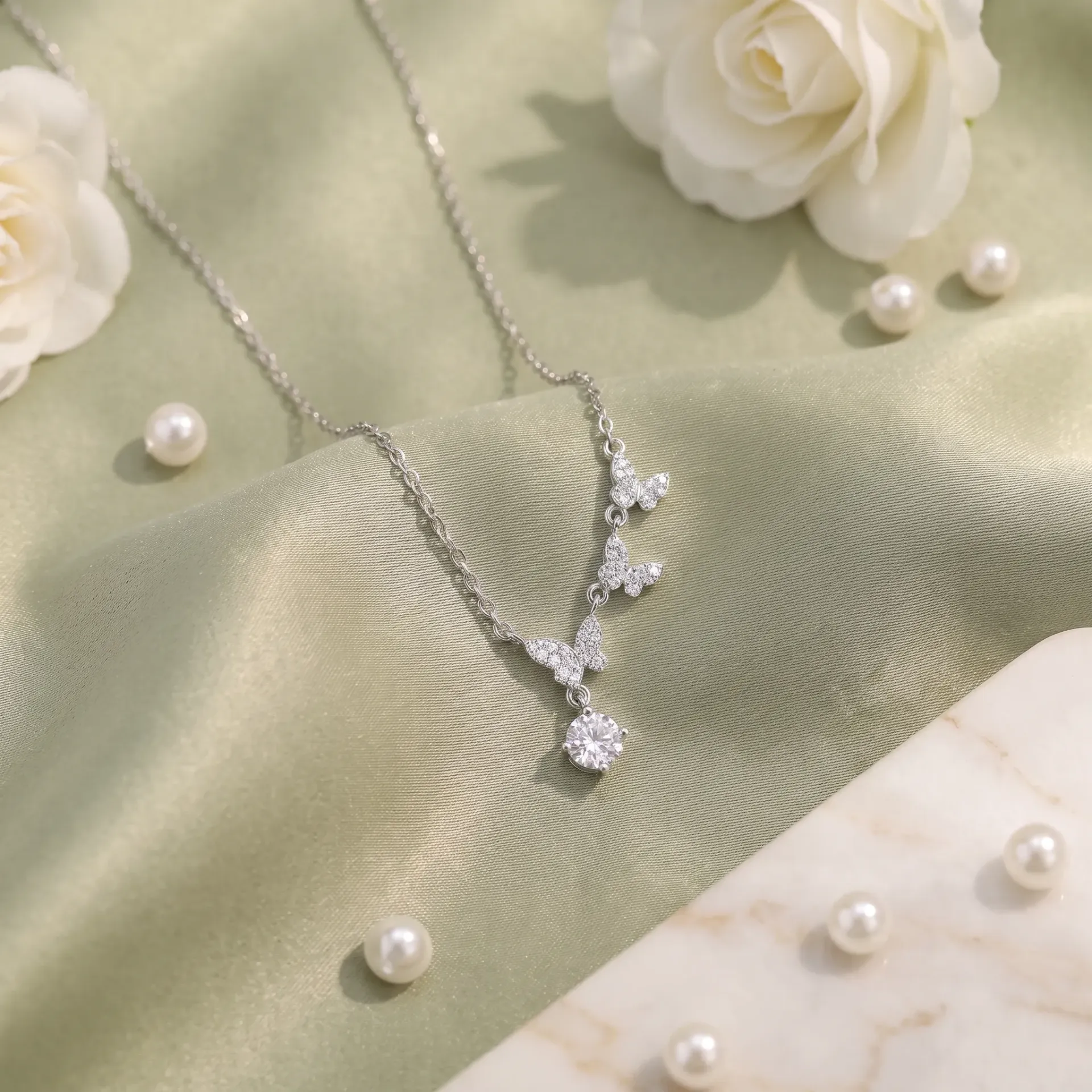 [F4666] Butterflies with drop silver925 necklace
