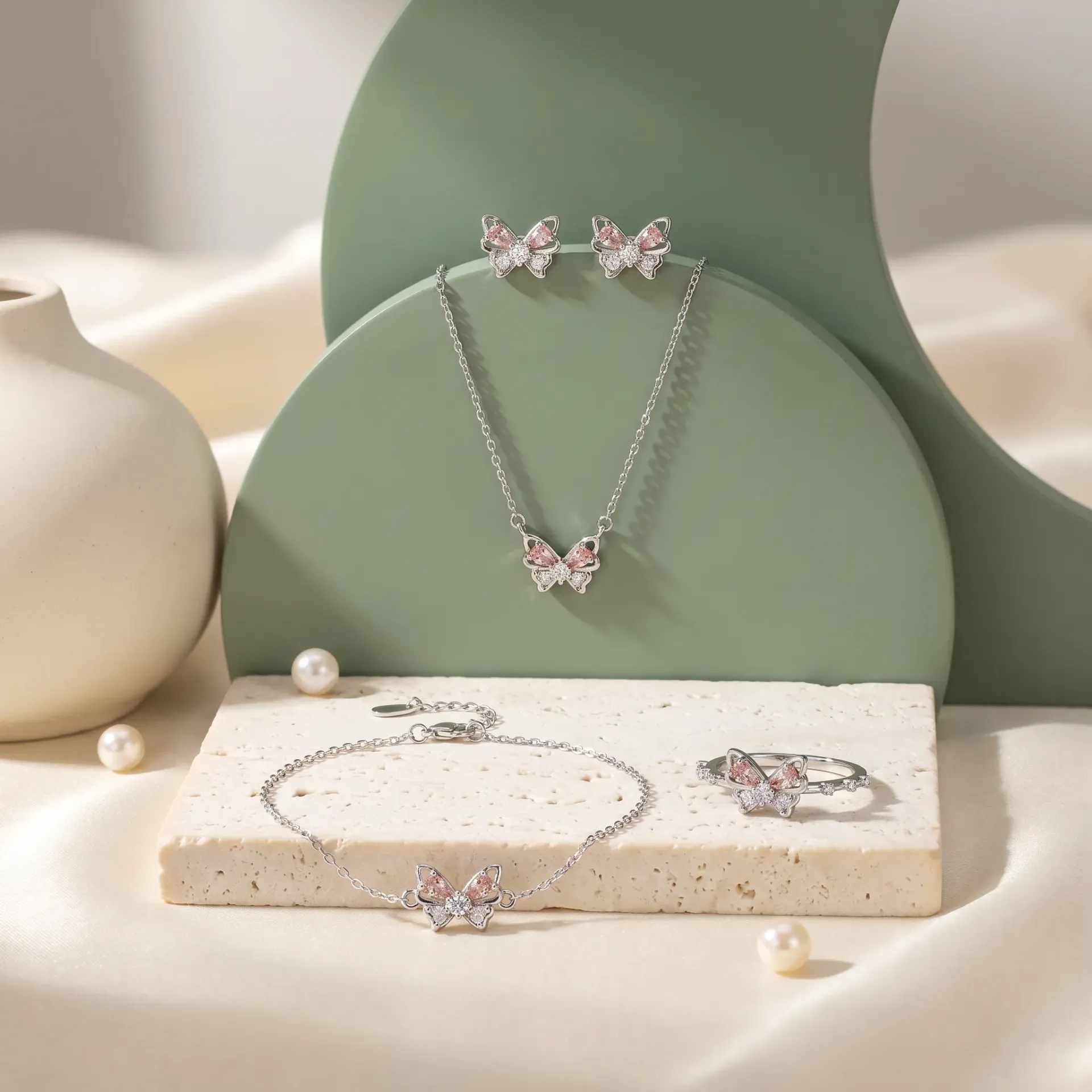 Pink butterfly silver925 set