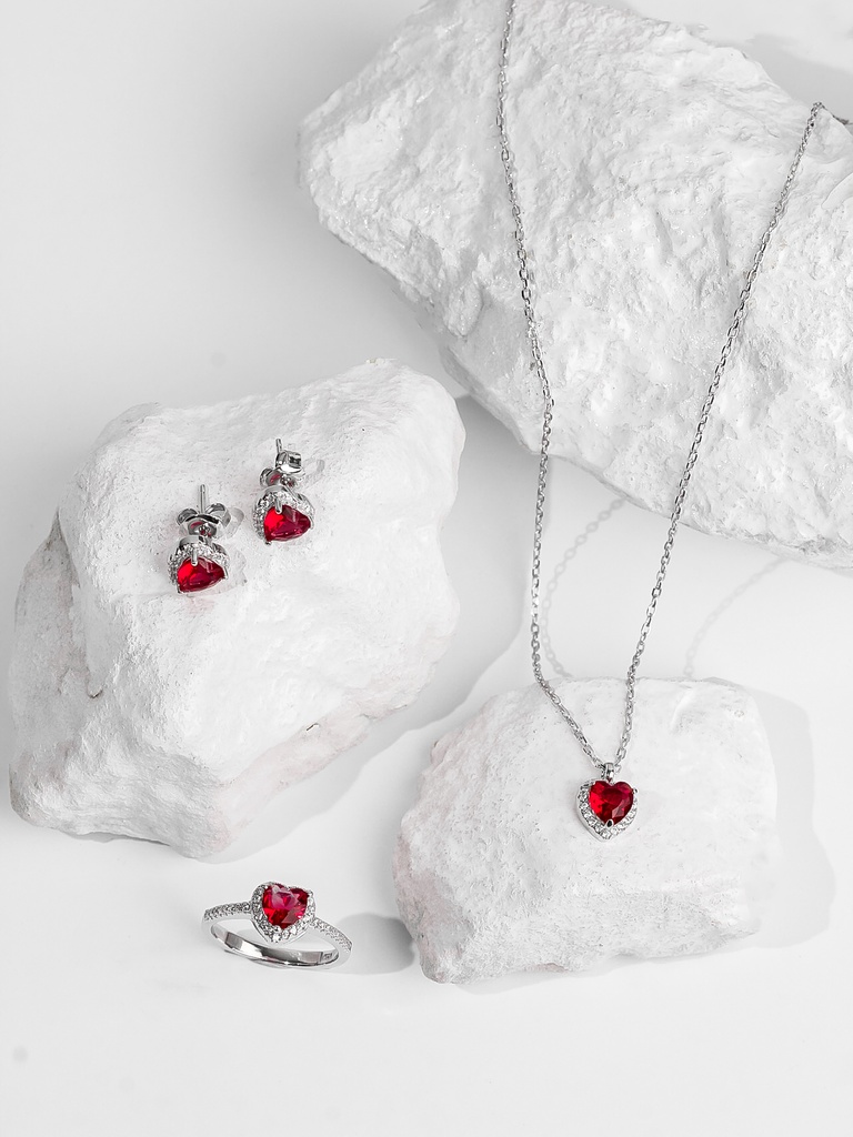 طقم فضة 925 بشكل قلب أحمر (٦)