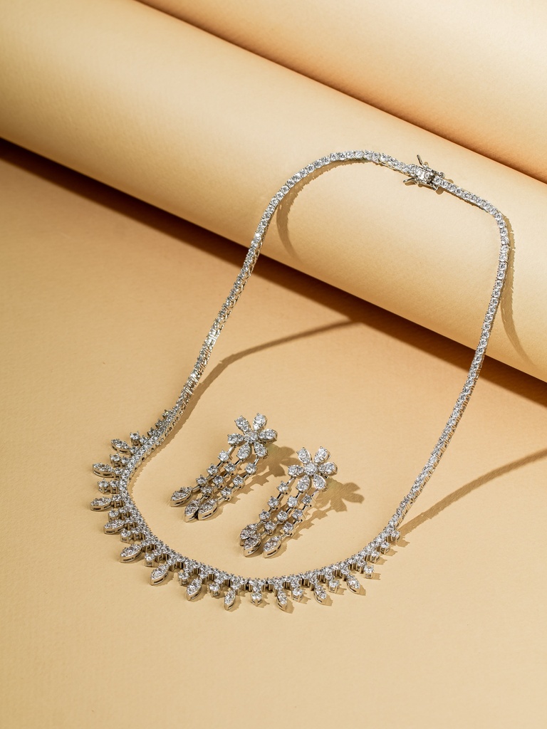 [SZ-44-65] flower 3lines drop smooth zircon necklace with earrings