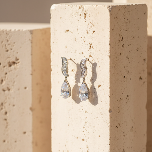 [E21071508-Rh] I shape with drop zircon earrings 