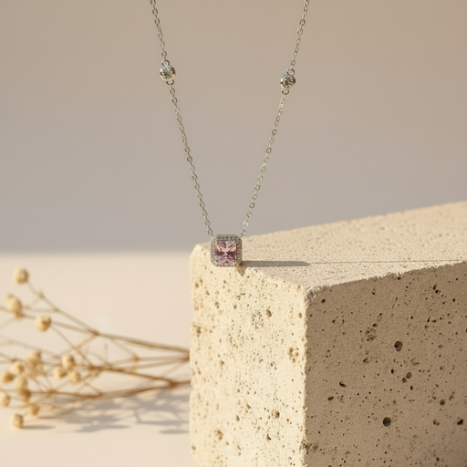 [B21484-P] pink square silver925 necklace